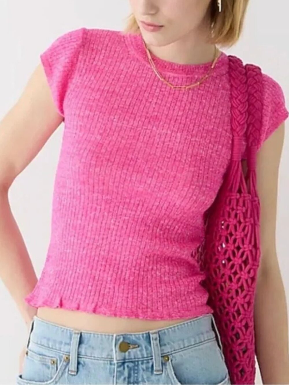 J. Crew Merino Linen Blend Cap Sleeve Ribbed Sweater T-Shirt Pink XXS NWOT
